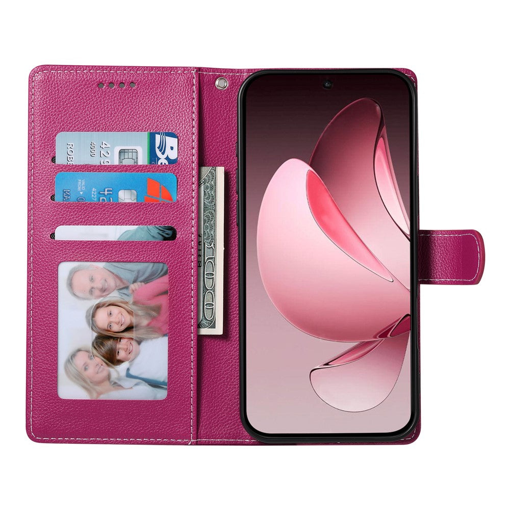 For Oppo Reno14 Pro 5G (Global) Case Magnetic Snap Litchi Texture Leather Wallet Phone Cover with Wrist Strap - Rose