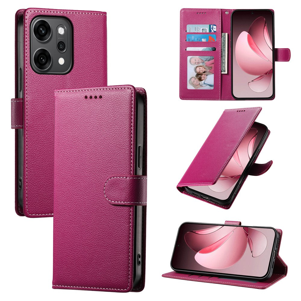 For Oppo Reno14 Pro 5G (Global) Case Magnetic Snap Litchi Texture Leather Wallet Phone Cover with Wrist Strap - Rose