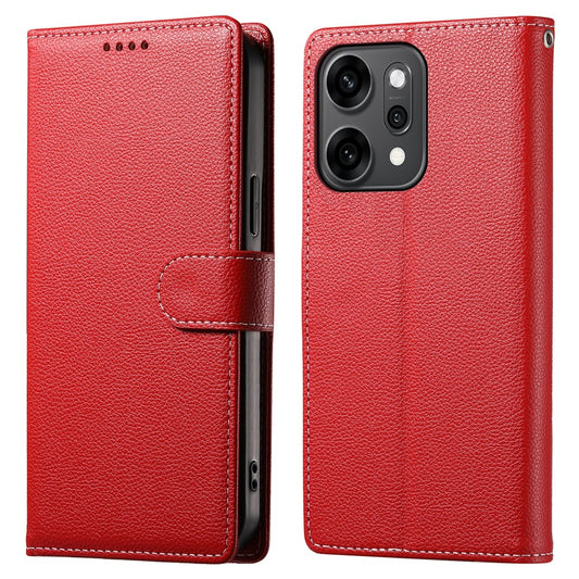For Oppo Reno14 Pro 5G (Global) Case Magnetic Snap Litchi Texture Leather Wallet Phone Cover with Wrist Strap - Red