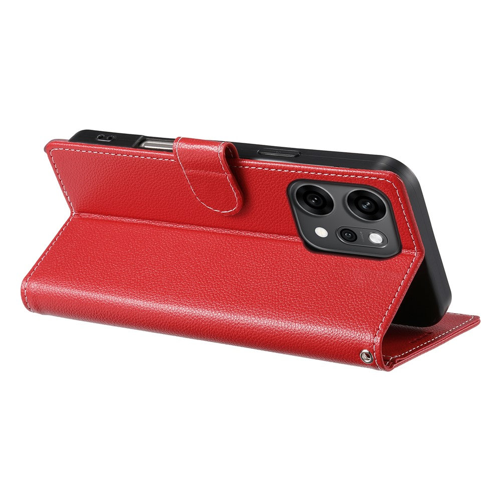 For Oppo Reno14 Pro 5G (Global) Case Magnetic Snap Litchi Texture Leather Wallet Phone Cover with Wrist Strap - Red