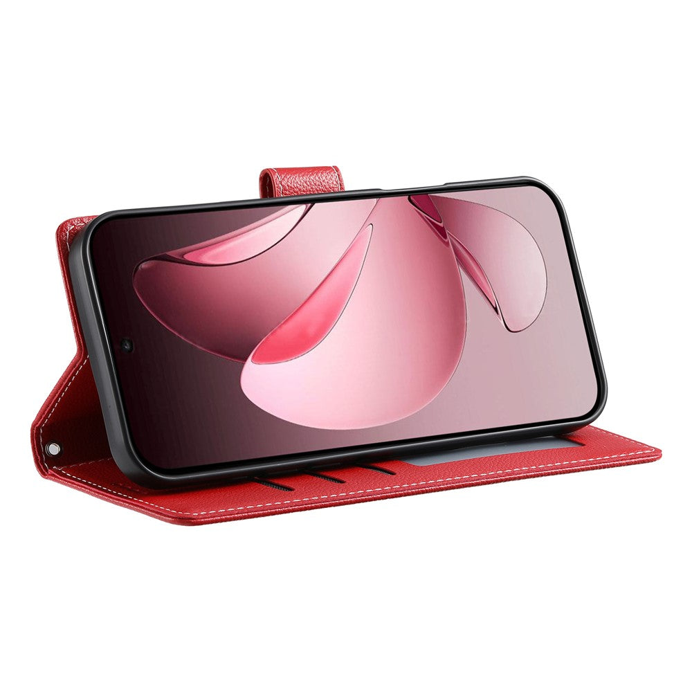 For Oppo Reno14 Pro 5G (Global) Case Magnetic Snap Litchi Texture Leather Wallet Phone Cover with Wrist Strap - Red