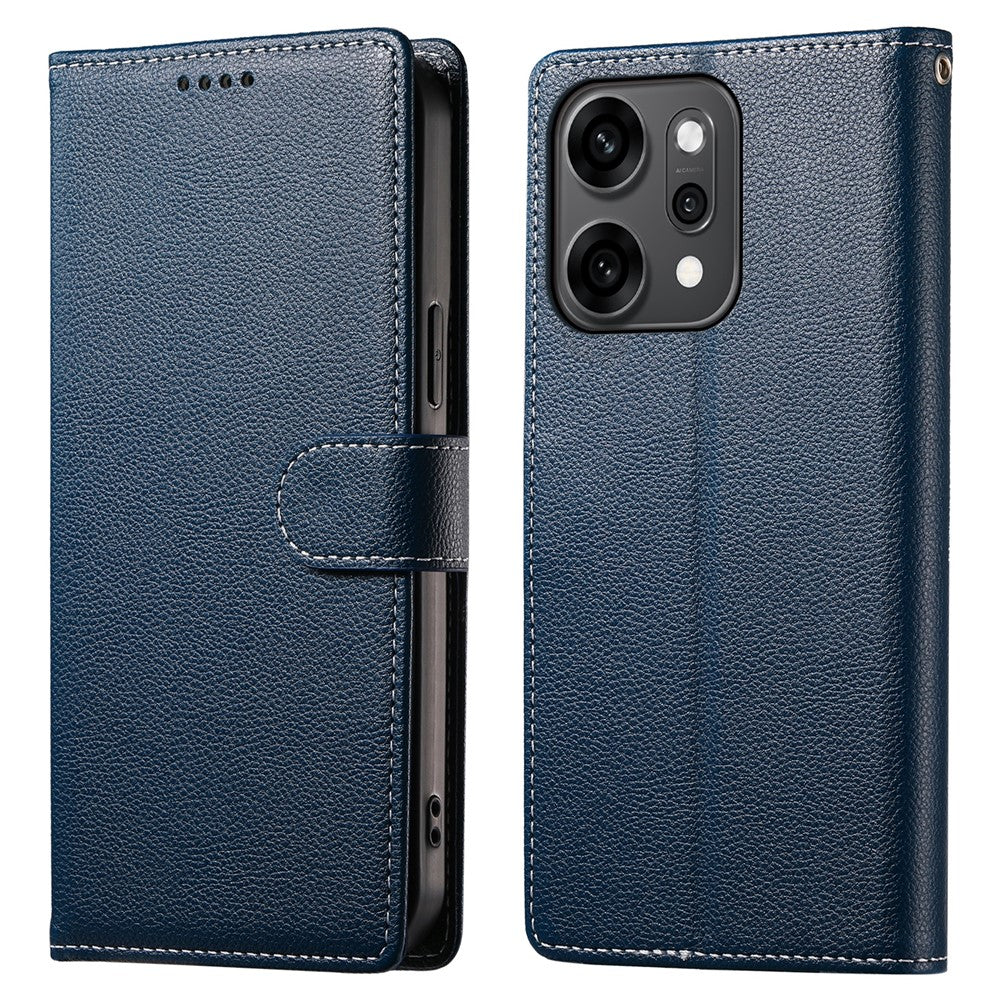 For Oppo Reno14 Pro 5G (Global) Case Magnetic Snap Litchi Texture Leather Wallet Phone Cover with Wrist Strap - Dark Blue
