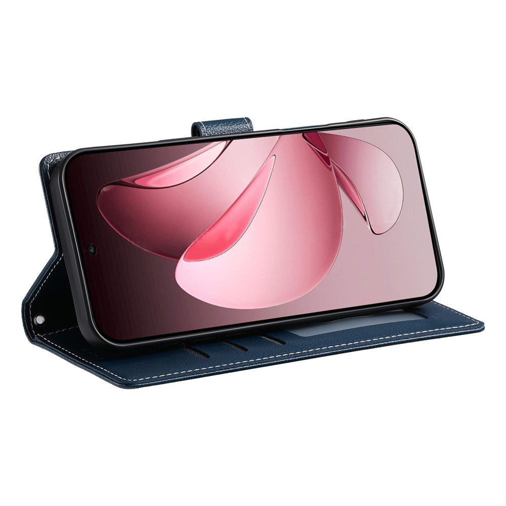 For Oppo Reno14 Pro 5G (Global) Case Magnetic Snap Litchi Texture Leather Wallet Phone Cover with Wrist Strap - Dark Blue