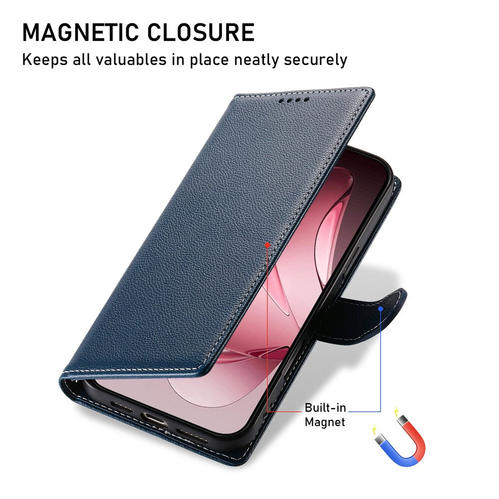 For Oppo Reno14 Pro 5G (Global) Case Magnetic Snap Litchi Texture Leather Wallet Phone Cover with Wrist Strap - Dark Blue