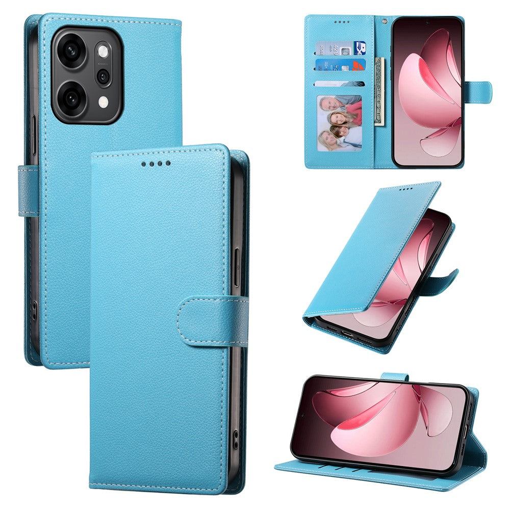 For Oppo Reno14 Pro 5G (Global) Case Magnetic Snap Litchi Texture Leather Wallet Phone Cover with Wrist Strap - Sky Blue