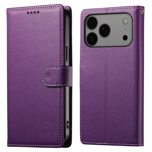 For iPhone 17 Pro Max Case Magnetic Snap Litchi Texture Leather Wallet Phone Cover with Wrist Strap - Purple