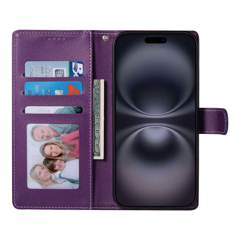 For iPhone 17 Pro Max Case Magnetic Snap Litchi Texture Leather Wallet Phone Cover with Wrist Strap - Purple
