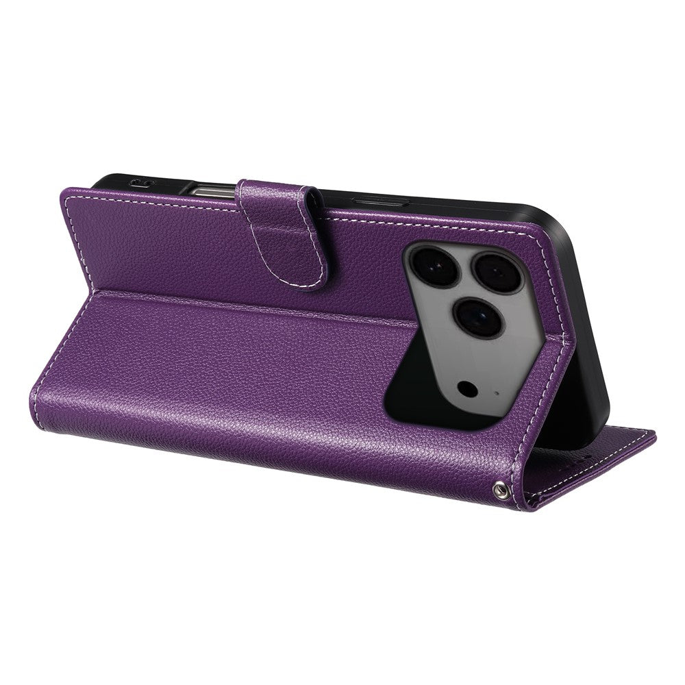 For iPhone 17 Pro Max Case Magnetic Snap Litchi Texture Leather Wallet Phone Cover with Wrist Strap - Purple