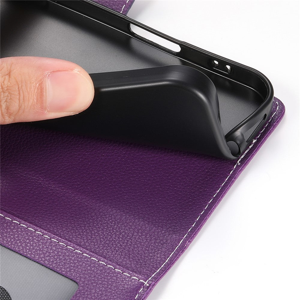 For iPhone 17 Pro Max Case Magnetic Snap Litchi Texture Leather Wallet Phone Cover with Wrist Strap - Purple