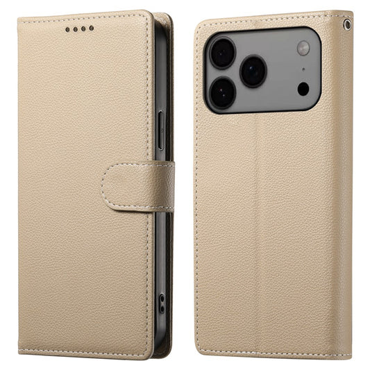 For iPhone 17 Pro Max Case Magnetic Snap Litchi Texture Leather Wallet Phone Cover with Wrist Strap - Apricot