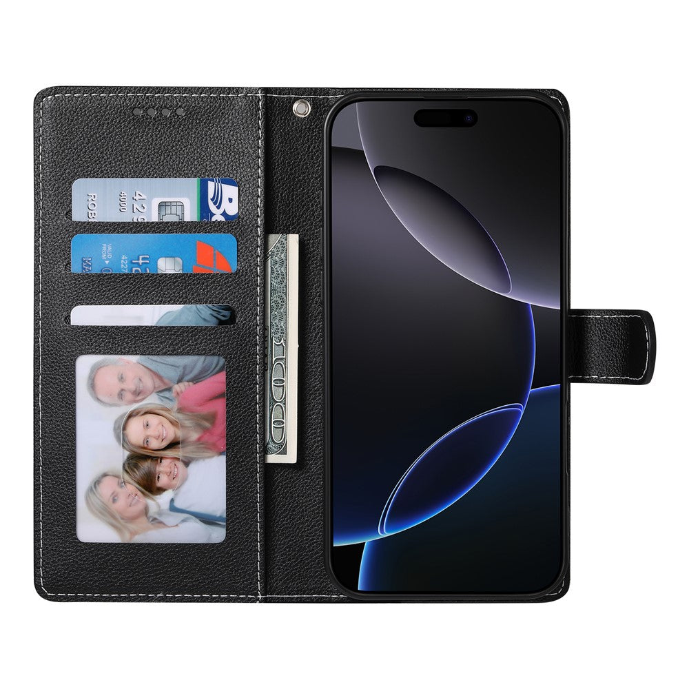 For iPhone 17 Pro Max Case Magnetic Snap Litchi Texture Leather Wallet Phone Cover with Wrist Strap - Black