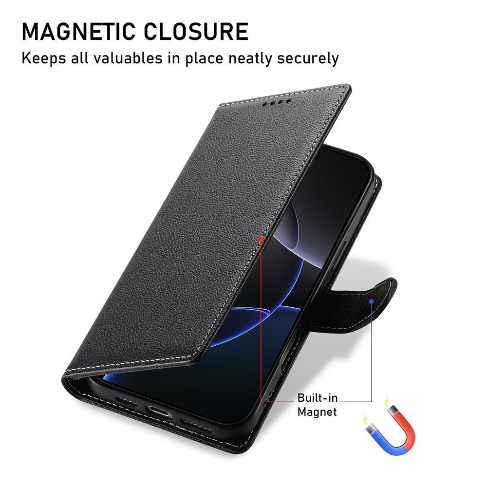 For iPhone 17 Pro Max Case Magnetic Snap Litchi Texture Leather Wallet Phone Cover with Wrist Strap - Black
