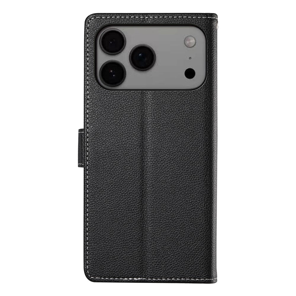 For iPhone 17 Pro Max Case Magnetic Snap Litchi Texture Leather Wallet Phone Cover with Wrist Strap - Black
