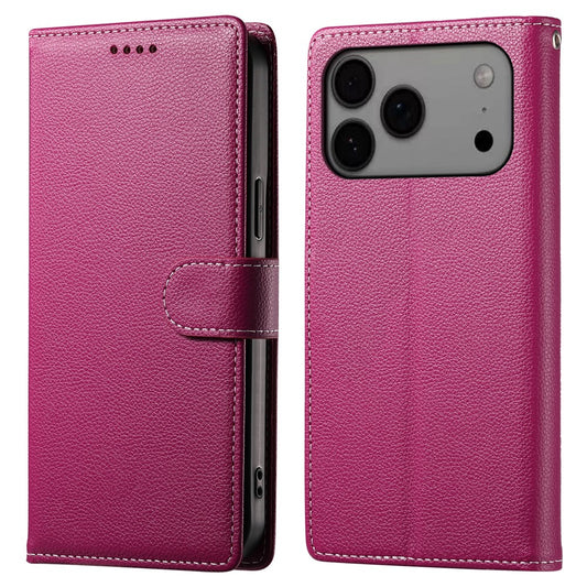For iPhone 17 Pro Max Case Magnetic Snap Litchi Texture Leather Wallet Phone Cover with Wrist Strap - Rose