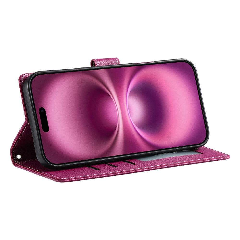 For iPhone 17 Pro Max Case Magnetic Snap Litchi Texture Leather Wallet Phone Cover with Wrist Strap - Rose