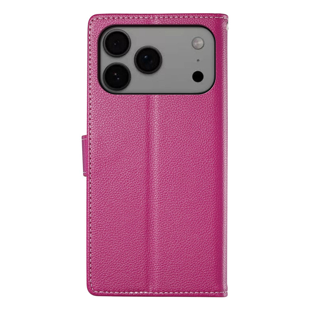 For iPhone 17 Pro Max Case Magnetic Snap Litchi Texture Leather Wallet Phone Cover with Wrist Strap - Rose