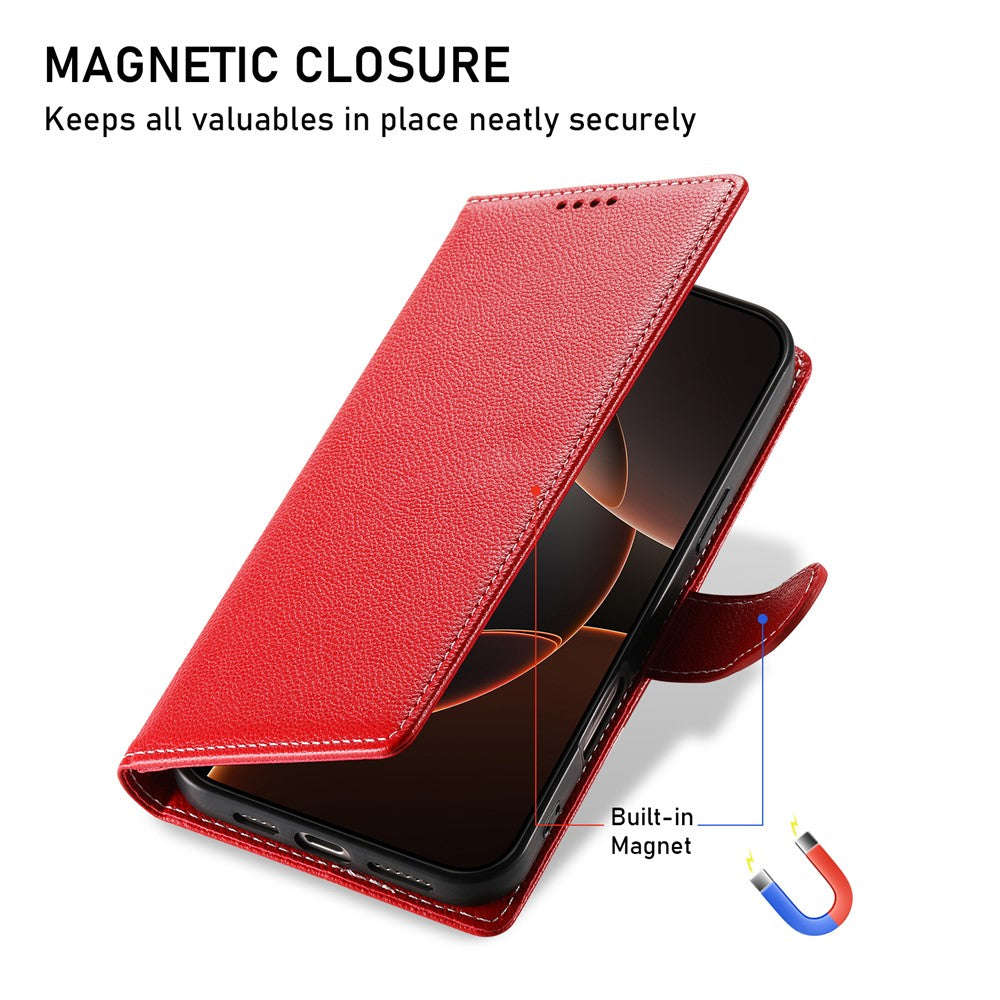 For iPhone 17 Pro Max Case Magnetic Snap Litchi Texture Leather Wallet Phone Cover with Wrist Strap - Red
