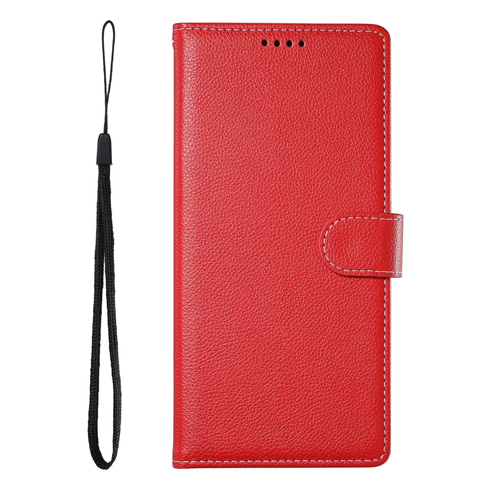 For iPhone 17 Pro Max Case Magnetic Snap Litchi Texture Leather Wallet Phone Cover with Wrist Strap - Red