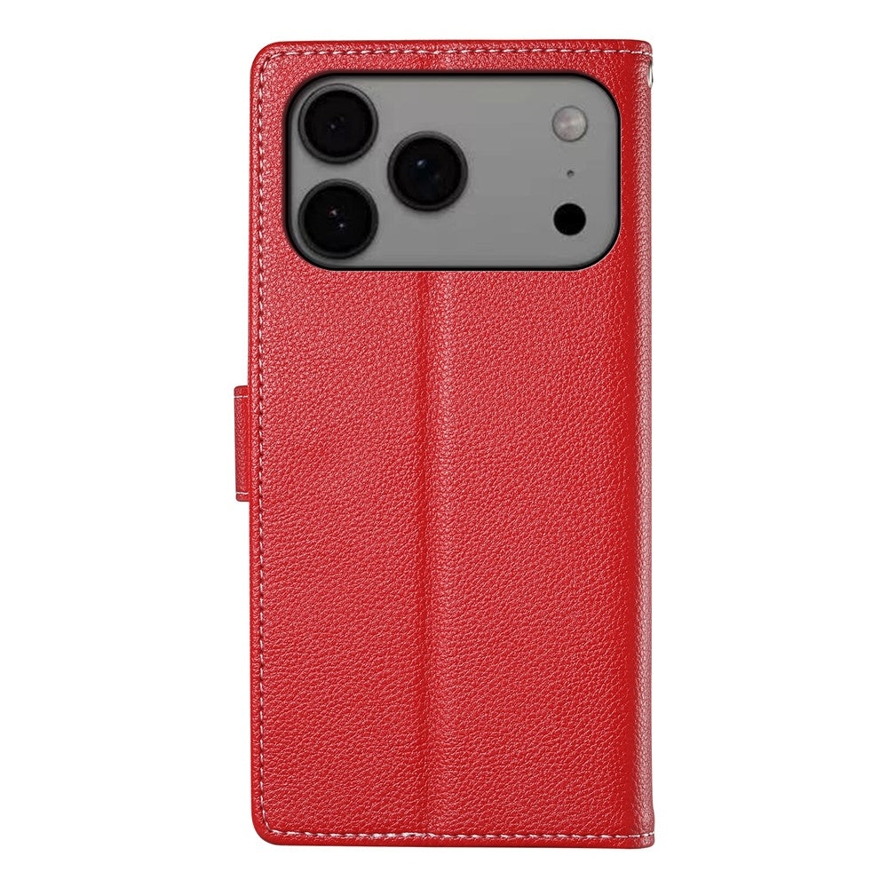 For iPhone 17 Pro Max Case Magnetic Snap Litchi Texture Leather Wallet Phone Cover with Wrist Strap - Red