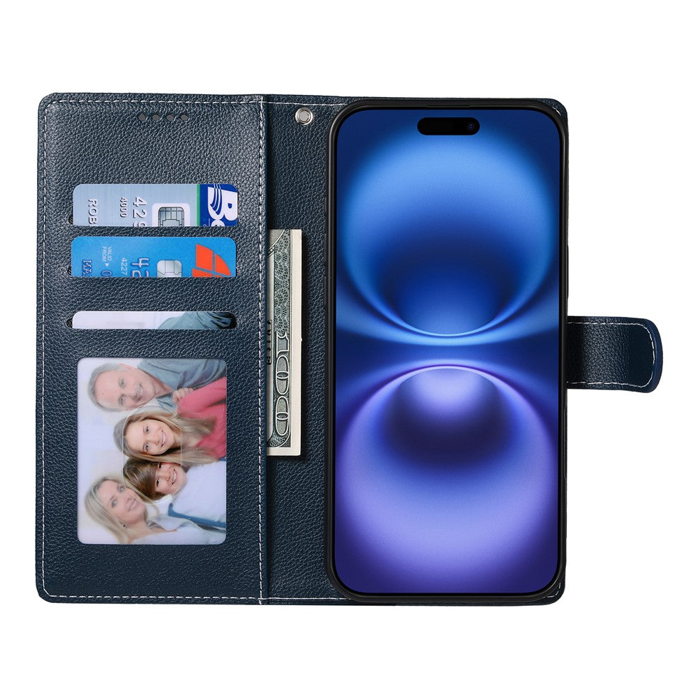 For iPhone 17 Pro Max Case Magnetic Snap Litchi Texture Leather Wallet Phone Cover with Wrist Strap - Dark Blue