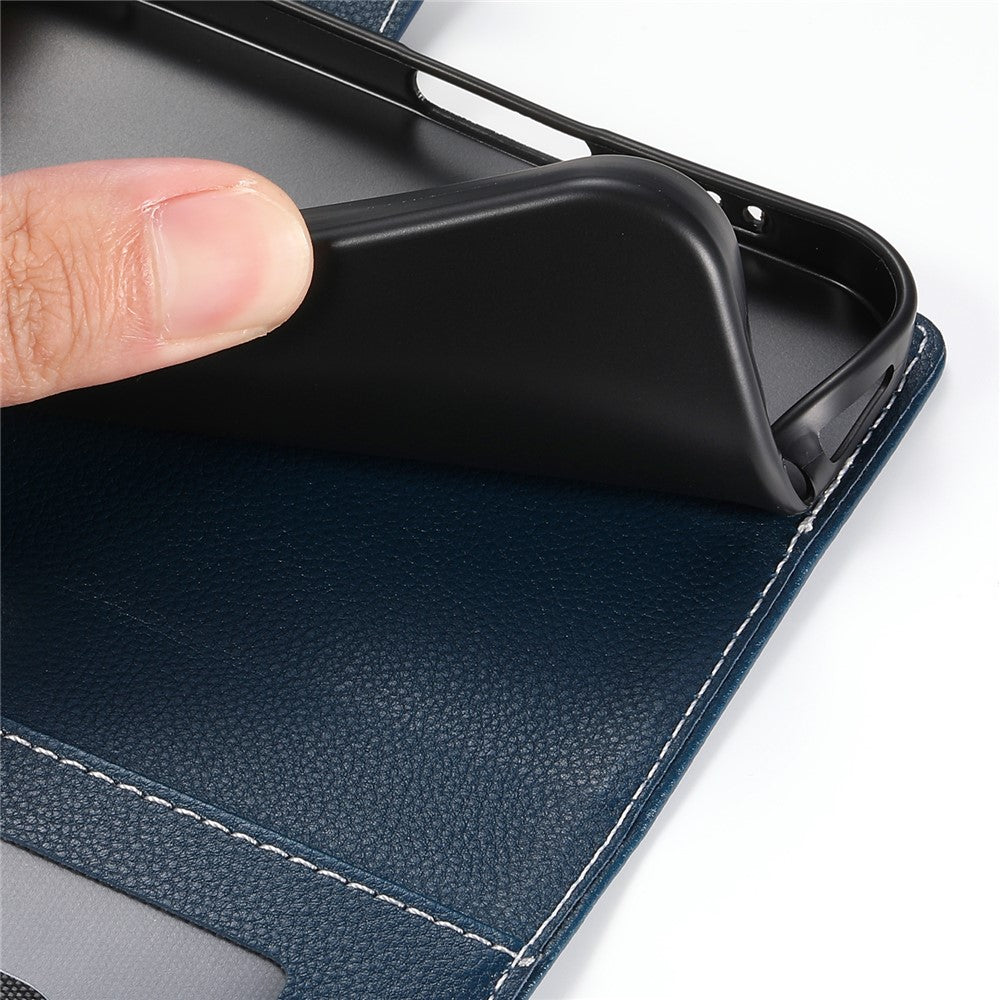 For iPhone 17 Pro Max Case Magnetic Snap Litchi Texture Leather Wallet Phone Cover with Wrist Strap - Dark Blue
