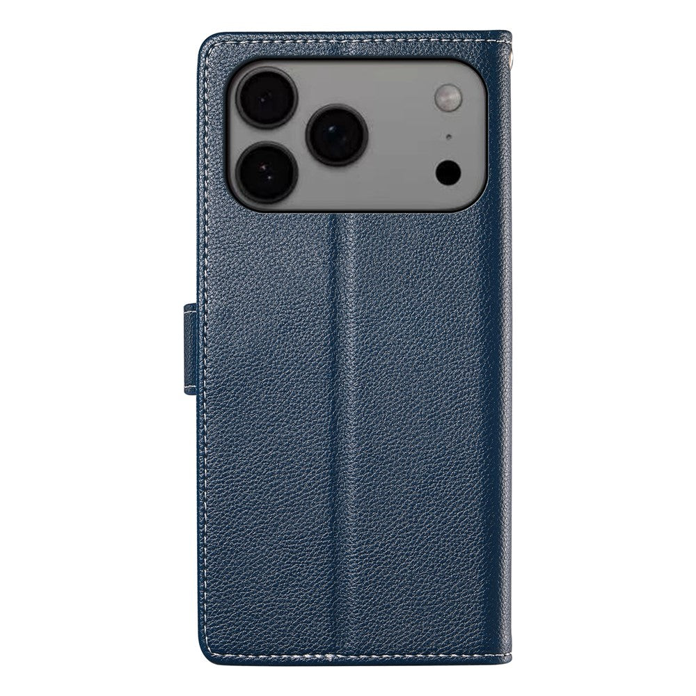 For iPhone 17 Pro Max Case Magnetic Snap Litchi Texture Leather Wallet Phone Cover with Wrist Strap - Dark Blue