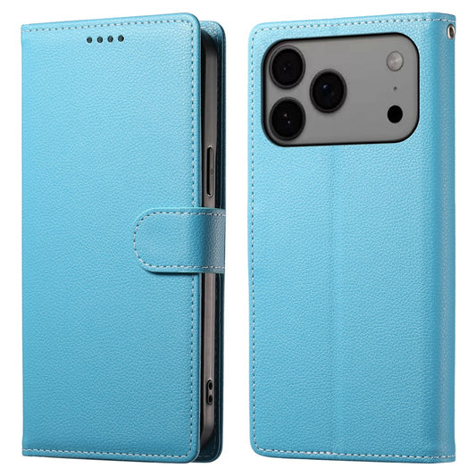 For iPhone 17 Pro Max Case Magnetic Snap Litchi Texture Leather Wallet Phone Cover with Wrist Strap - Sky Blue