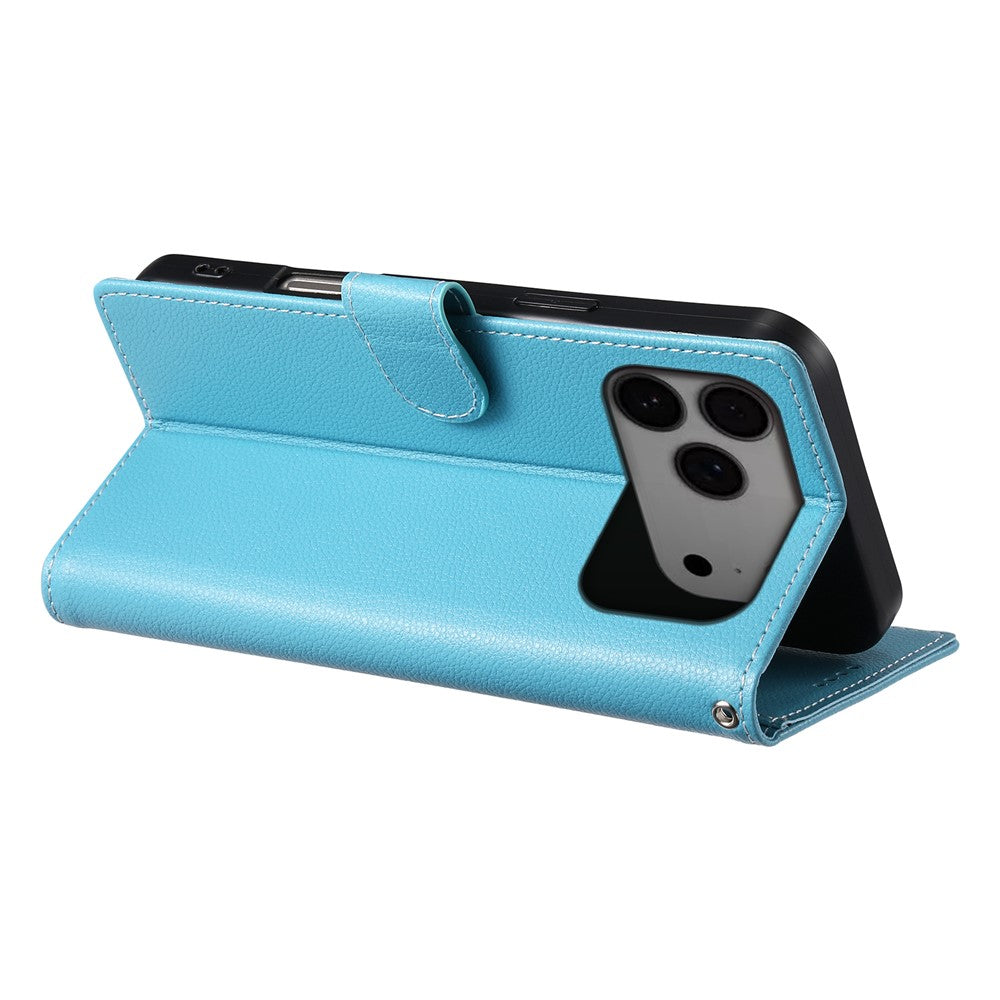 For iPhone 17 Pro Max Case Magnetic Snap Litchi Texture Leather Wallet Phone Cover with Wrist Strap - Sky Blue