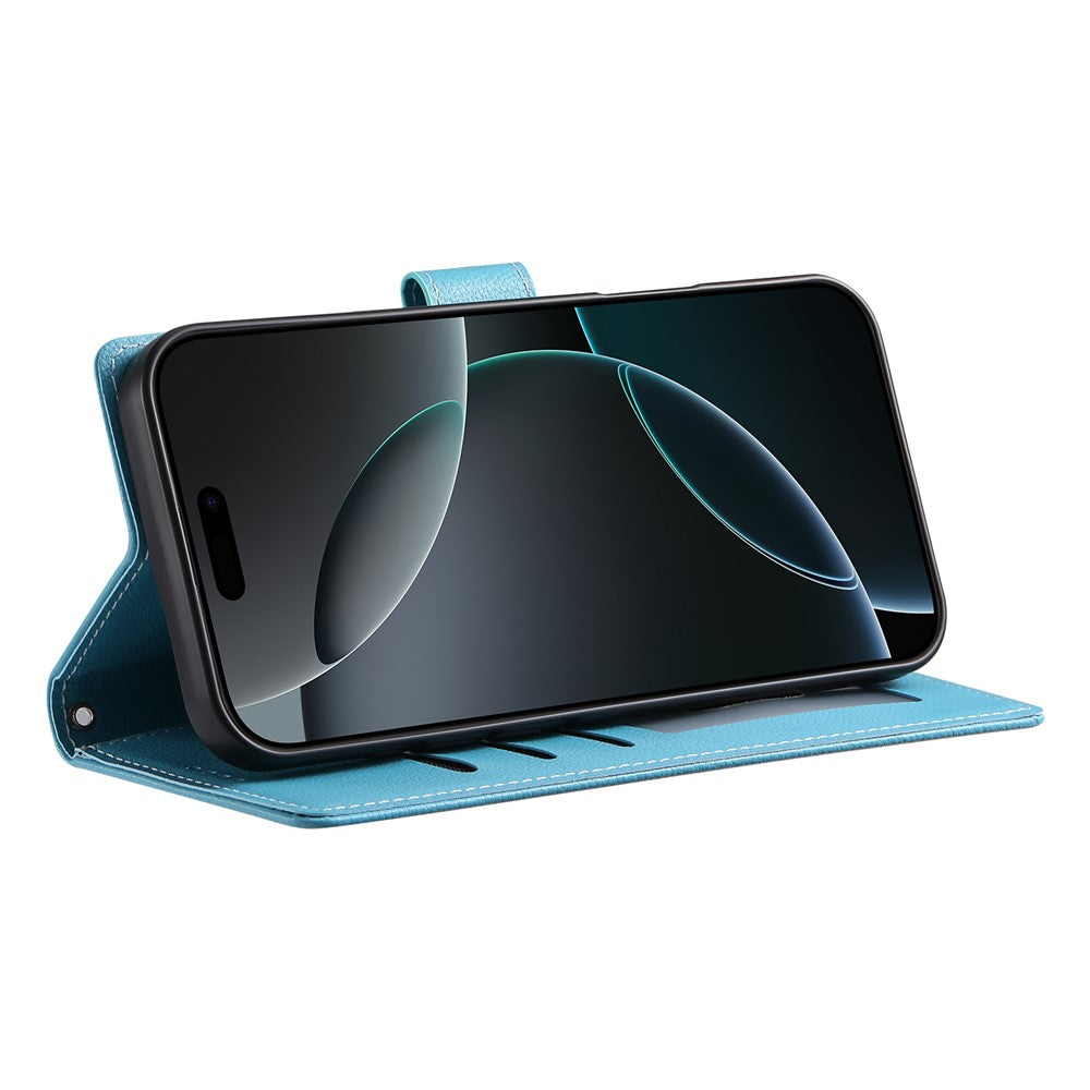 For iPhone 17 Pro Max Case Magnetic Snap Litchi Texture Leather Wallet Phone Cover with Wrist Strap - Sky Blue