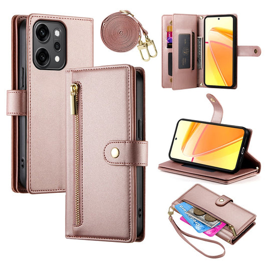 For Oppo Reno14 Pro 5G (Global) Case Zipper Pocket Wallet Leather Phone Cover with Straps - Pink
