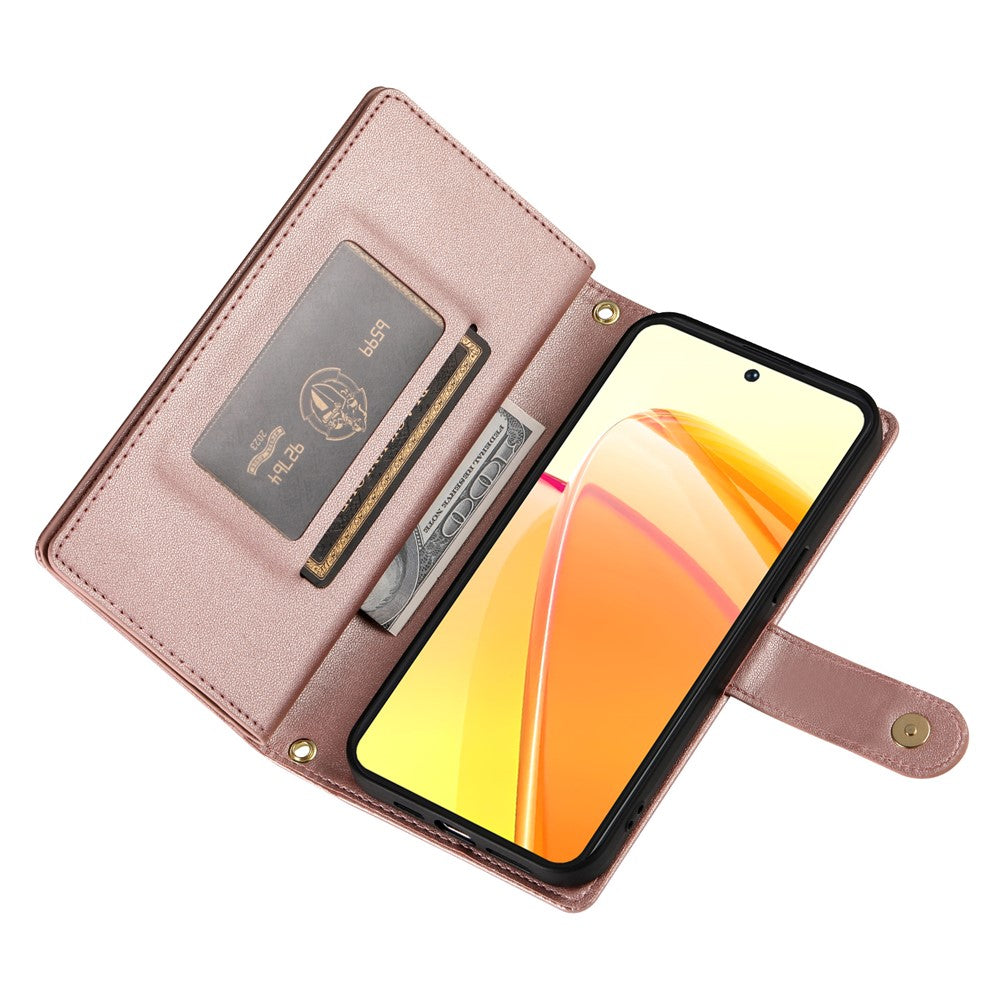 For Oppo Reno14 Pro 5G (Global) Case Zipper Pocket Wallet Leather Phone Cover with Straps - Pink