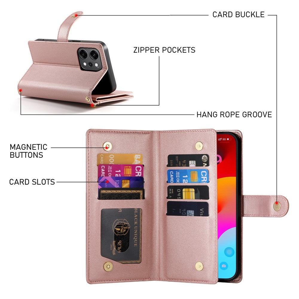 For Oppo Reno14 Pro 5G (Global) Case Zipper Pocket Wallet Leather Phone Cover with Straps - Pink