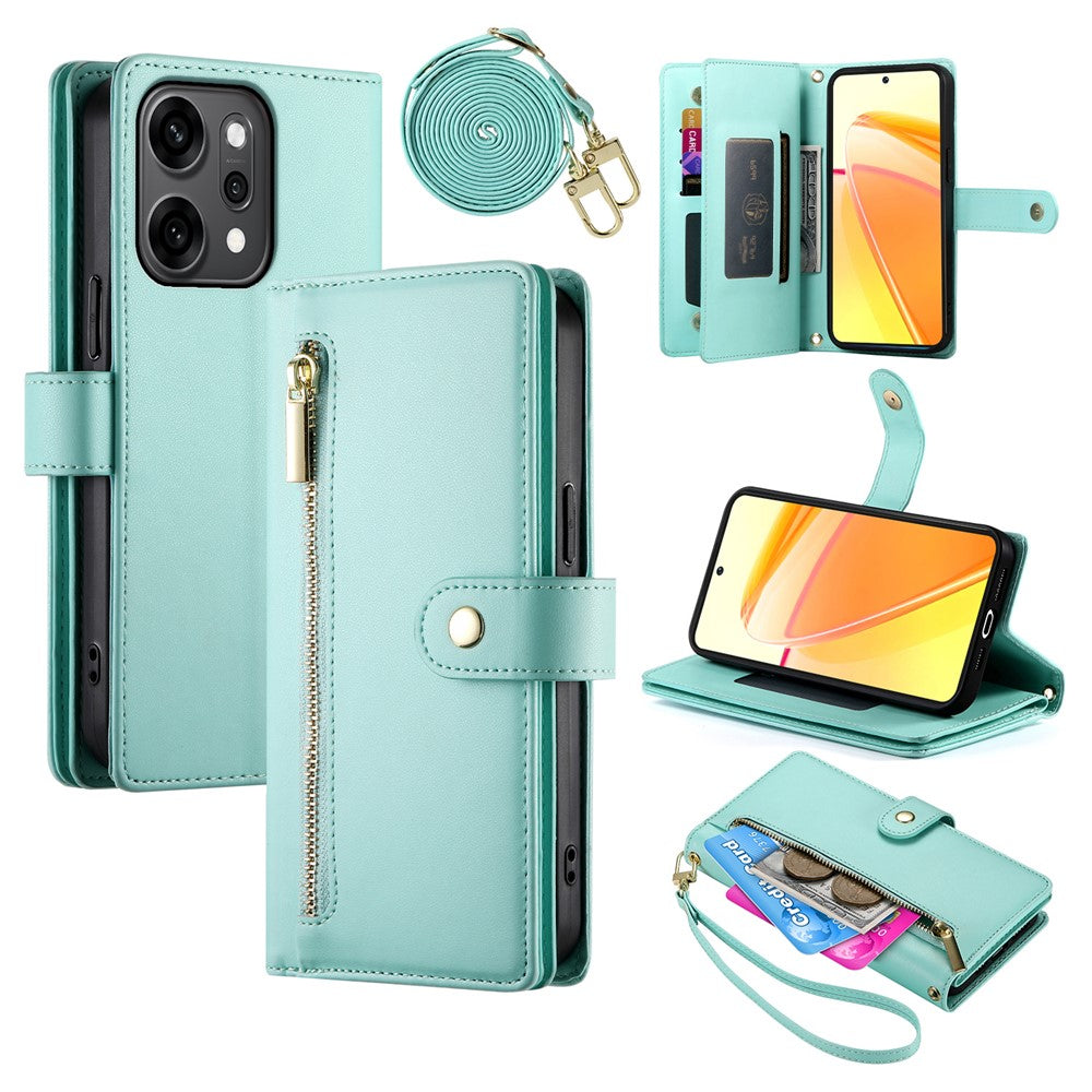 For Oppo Reno14 Pro 5G (Global) Case Zipper Pocket Wallet Leather Phone Cover with Straps - Mint Green