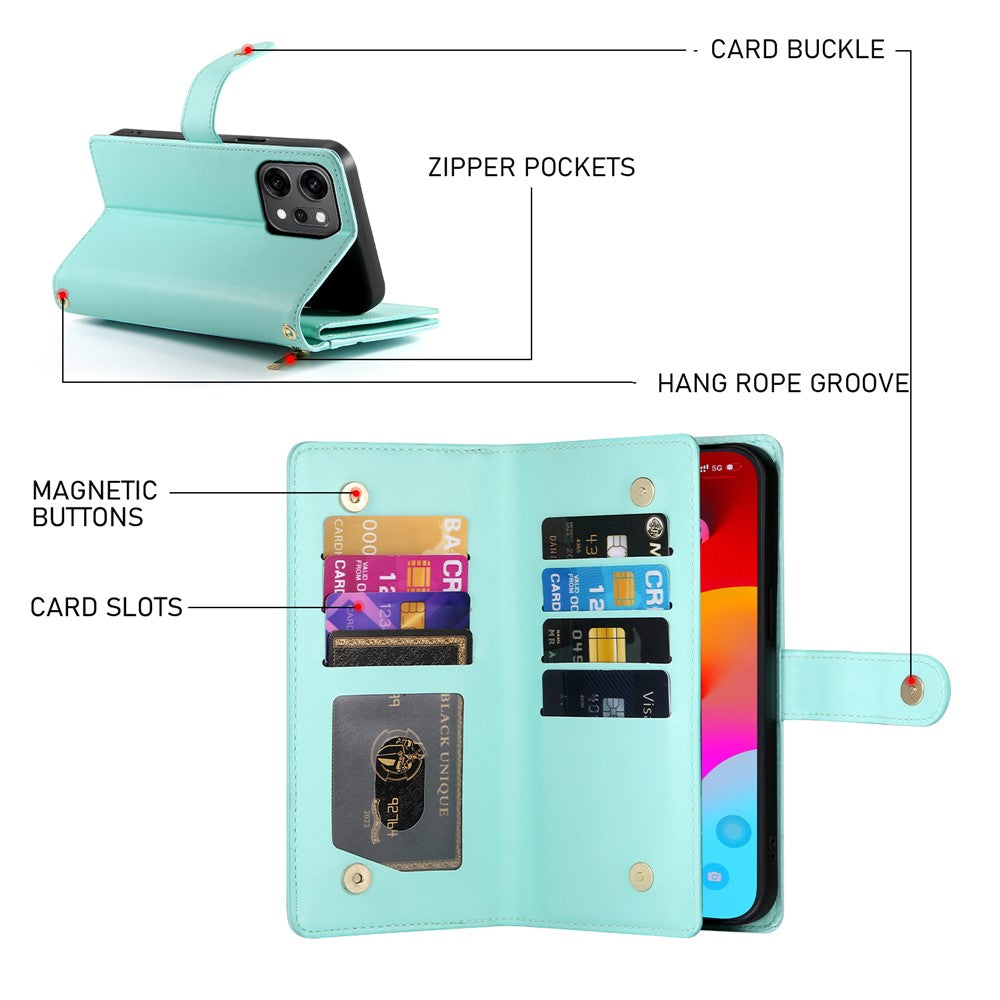 For Oppo Reno14 Pro 5G (Global) Case Zipper Pocket Wallet Leather Phone Cover with Straps - Mint Green