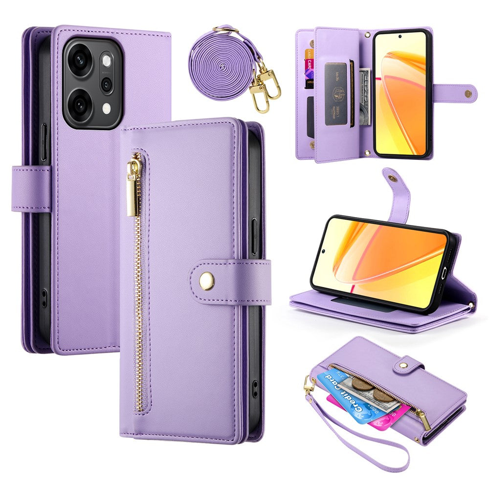 For Oppo Reno14 Pro 5G (Global) Case Zipper Pocket Wallet Leather Phone Cover with Straps - Purple