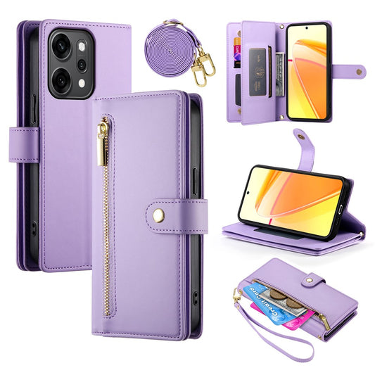 For Oppo Reno14 Pro 5G (Global) Case Zipper Pocket Wallet Leather Phone Cover with Straps - Purple