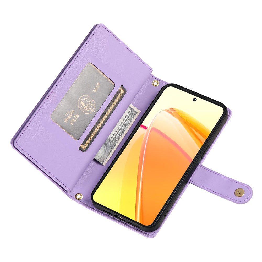 For Oppo Reno14 Pro 5G (Global) Case Zipper Pocket Wallet Leather Phone Cover with Straps - Purple