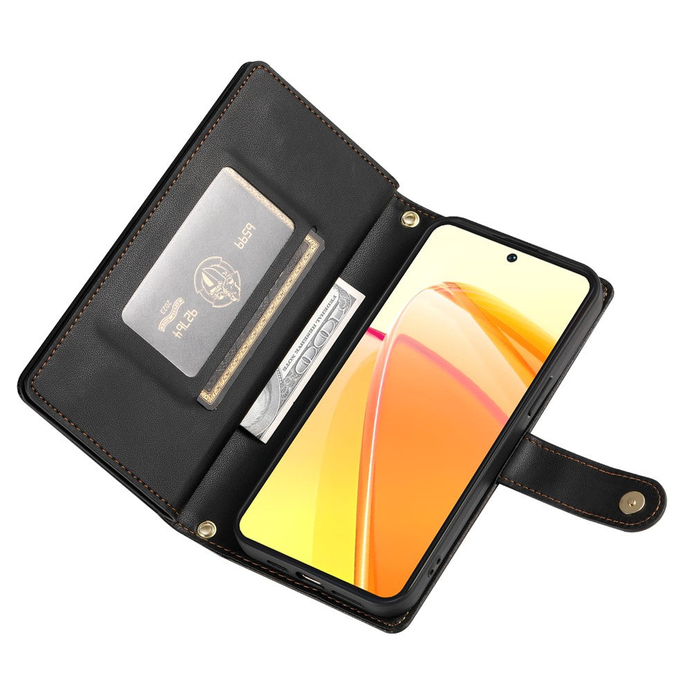 For Oppo Reno14 Pro 5G (Global) Case Zipper Pocket Wallet Leather Phone Cover with Straps - Black