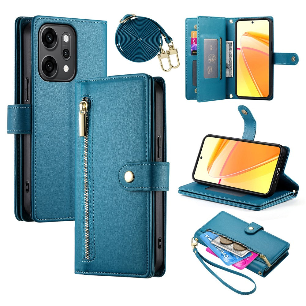 For Oppo Reno14 Pro 5G (Global) Case Zipper Pocket Wallet Leather Phone Cover with Straps - Blue