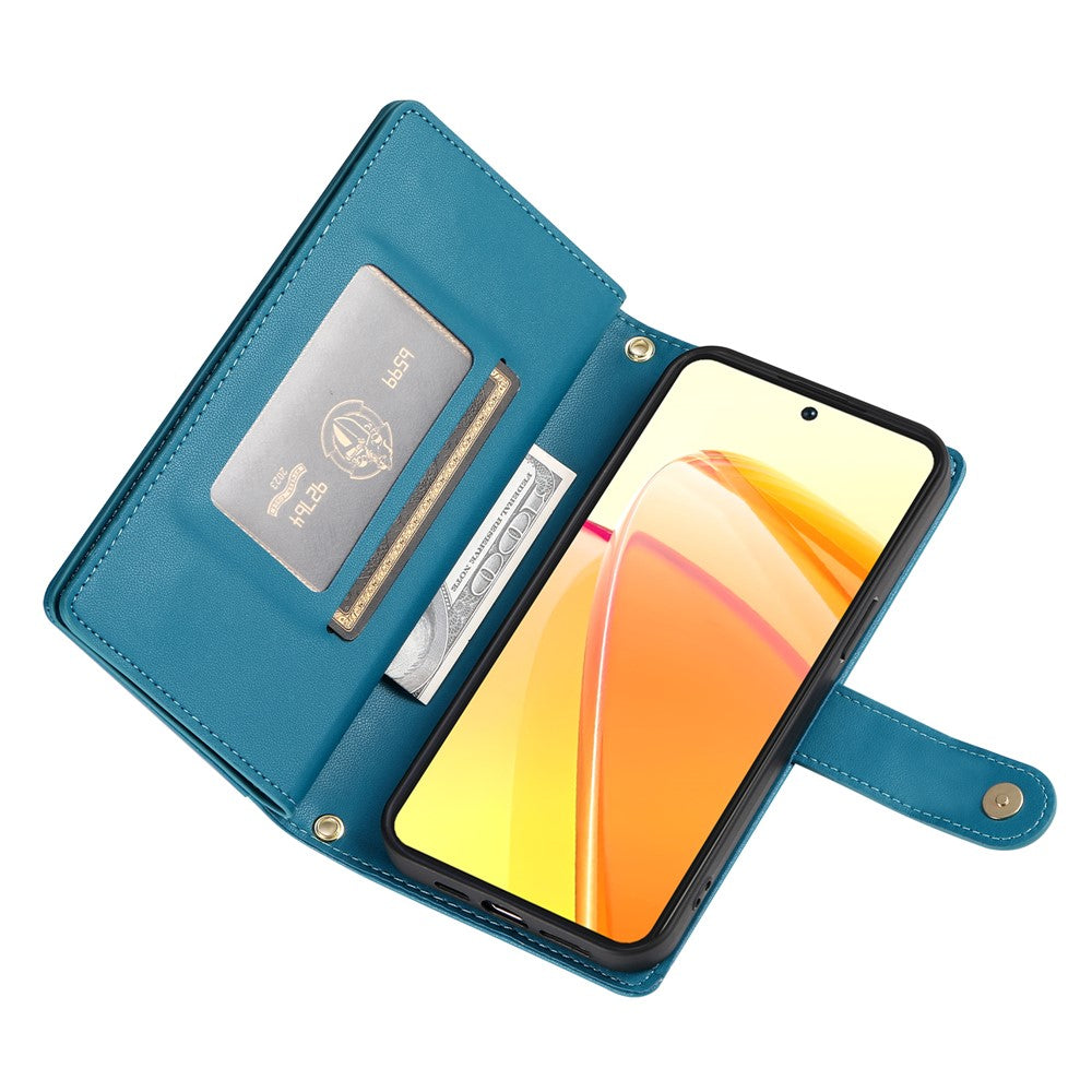 For Oppo Reno14 Pro 5G (Global) Case Zipper Pocket Wallet Leather Phone Cover with Straps - Blue