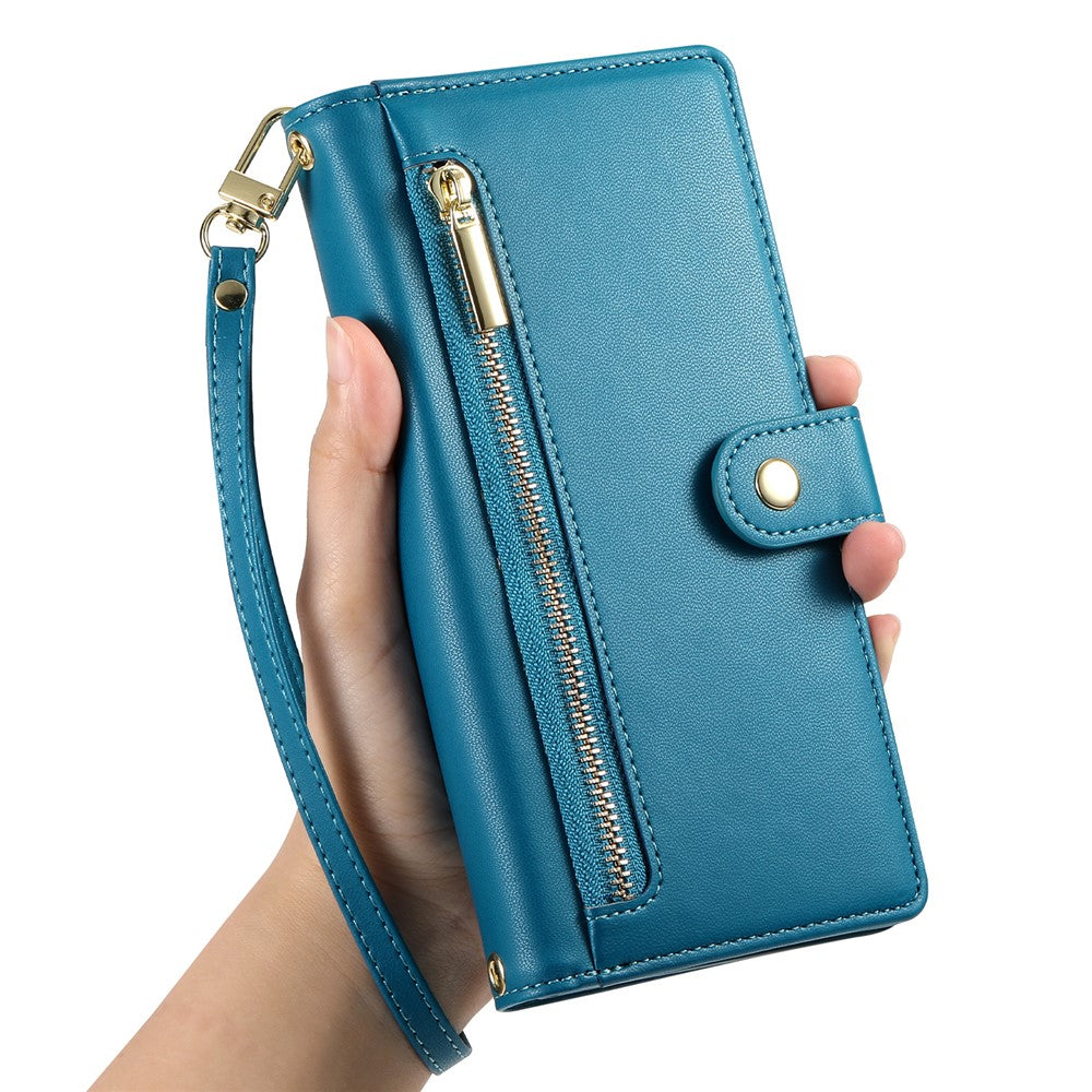 For Oppo Reno14 Pro 5G (Global) Case Zipper Pocket Wallet Leather Phone Cover with Straps - Blue