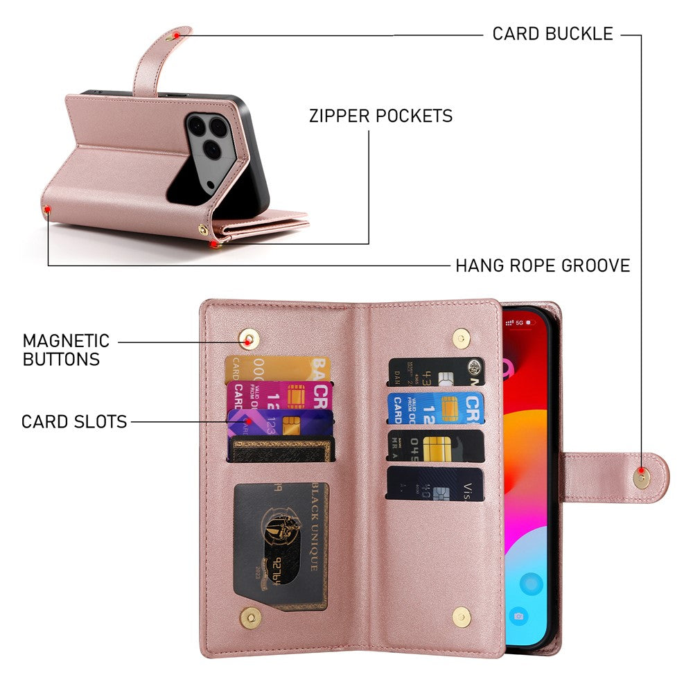 For iPhone 17 Pro Max Case Zipper Pocket Wallet Leather Phone Cover with Straps - Pink