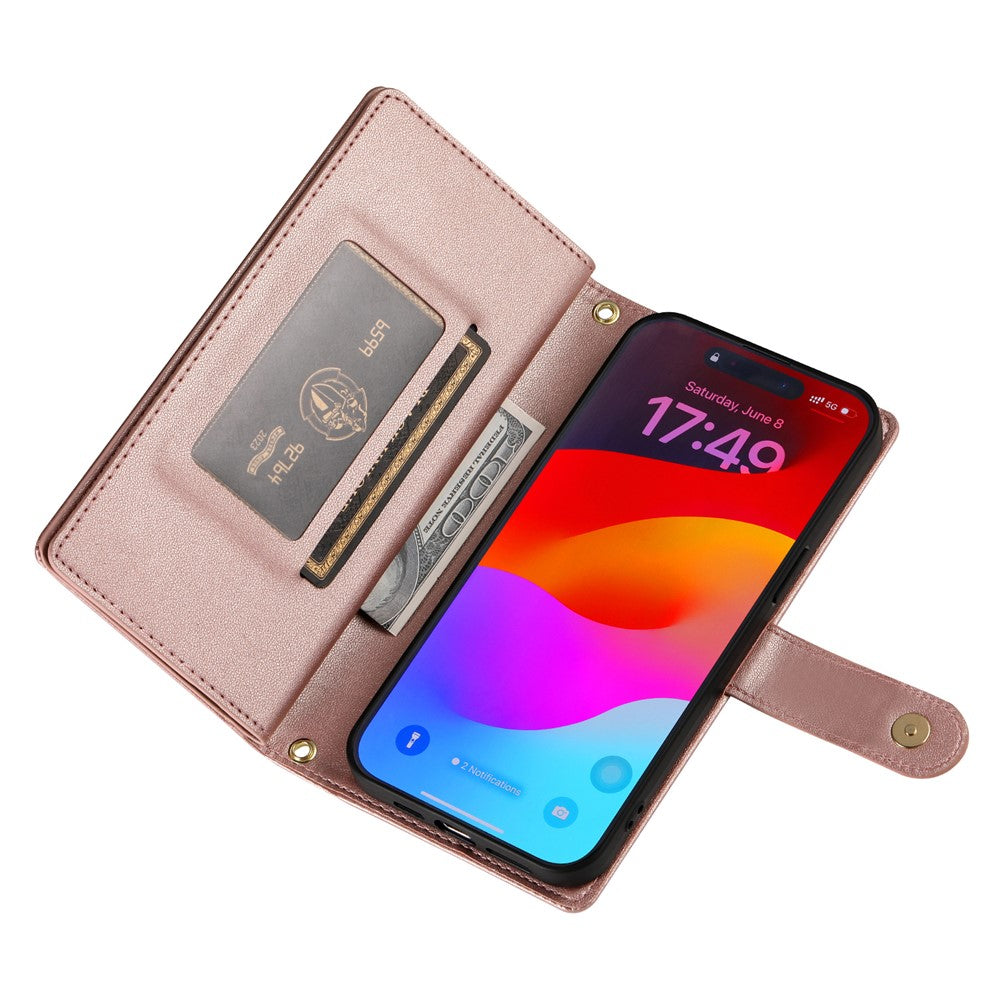 For iPhone 17 Pro Max Case Zipper Pocket Wallet Leather Phone Cover with Straps - Pink
