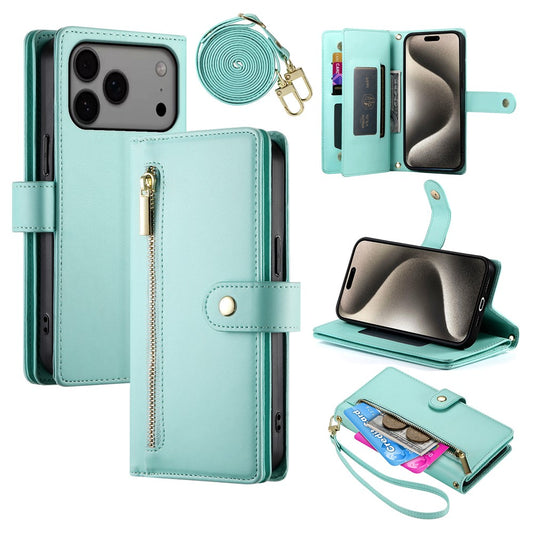 For iPhone 17 Pro Max Case Zipper Pocket Wallet Leather Phone Cover with Straps - Mint Green