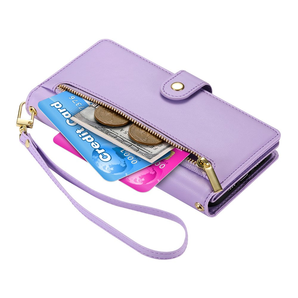 For iPhone 17 Pro Max Case Zipper Pocket Wallet Leather Phone Cover with Straps - Purple
