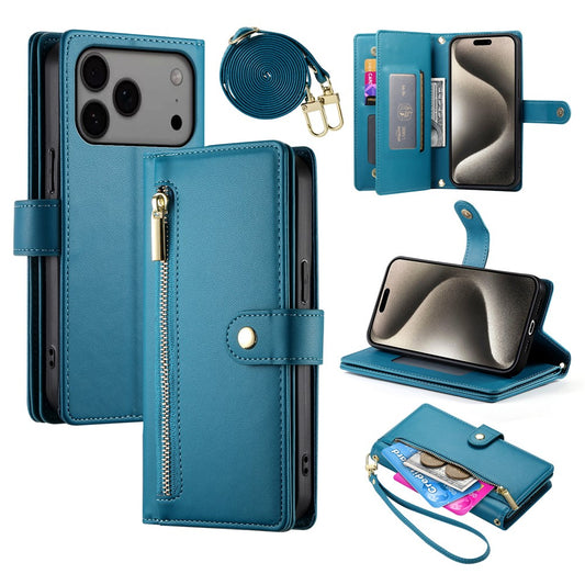 For iPhone 17 Pro Max Case Zipper Pocket Wallet Leather Phone Cover with Straps - Blue