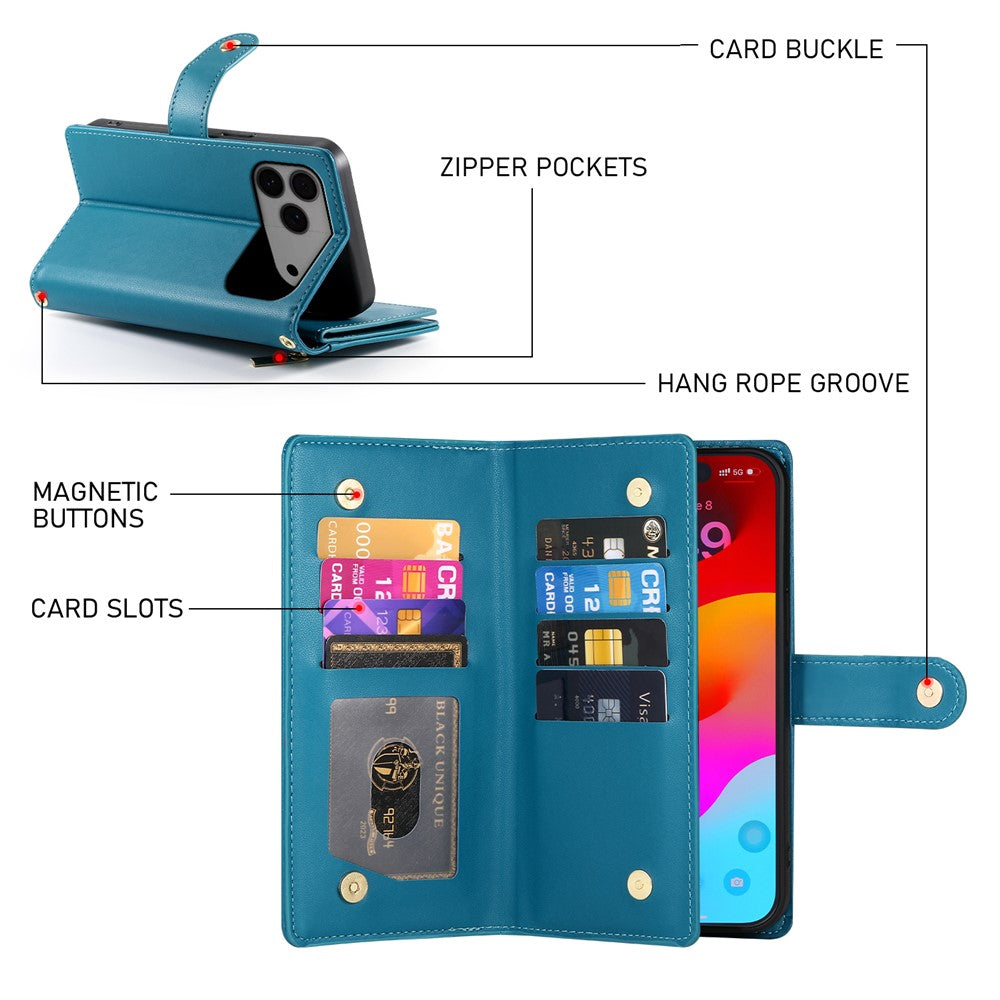 For iPhone 17 Pro Max Case Zipper Pocket Wallet Leather Phone Cover with Straps - Blue