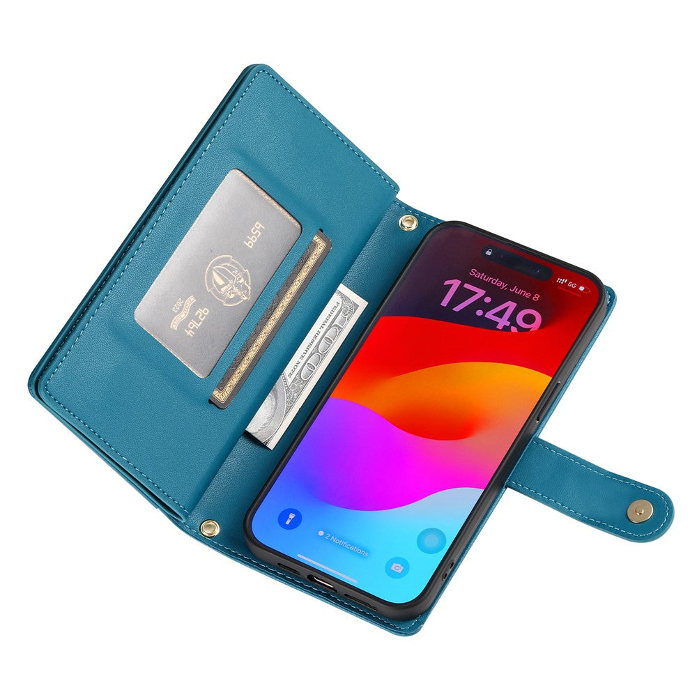 For iPhone 17 Pro Max Case Zipper Pocket Wallet Leather Phone Cover with Straps - Blue