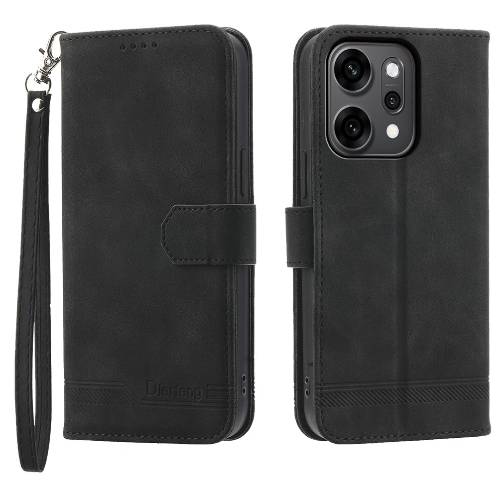 DIERFENG DF-03 For Oppo Reno14 Pro 5G (Global) Case Lines Imprint Wallet Leather Phone Cover with Wrist Strap - Black