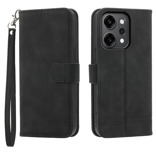 DIERFENG DF-03 For Oppo Reno14 Pro 5G (Global) Case Lines Imprint Wallet Leather Phone Cover with Wrist Strap - Black